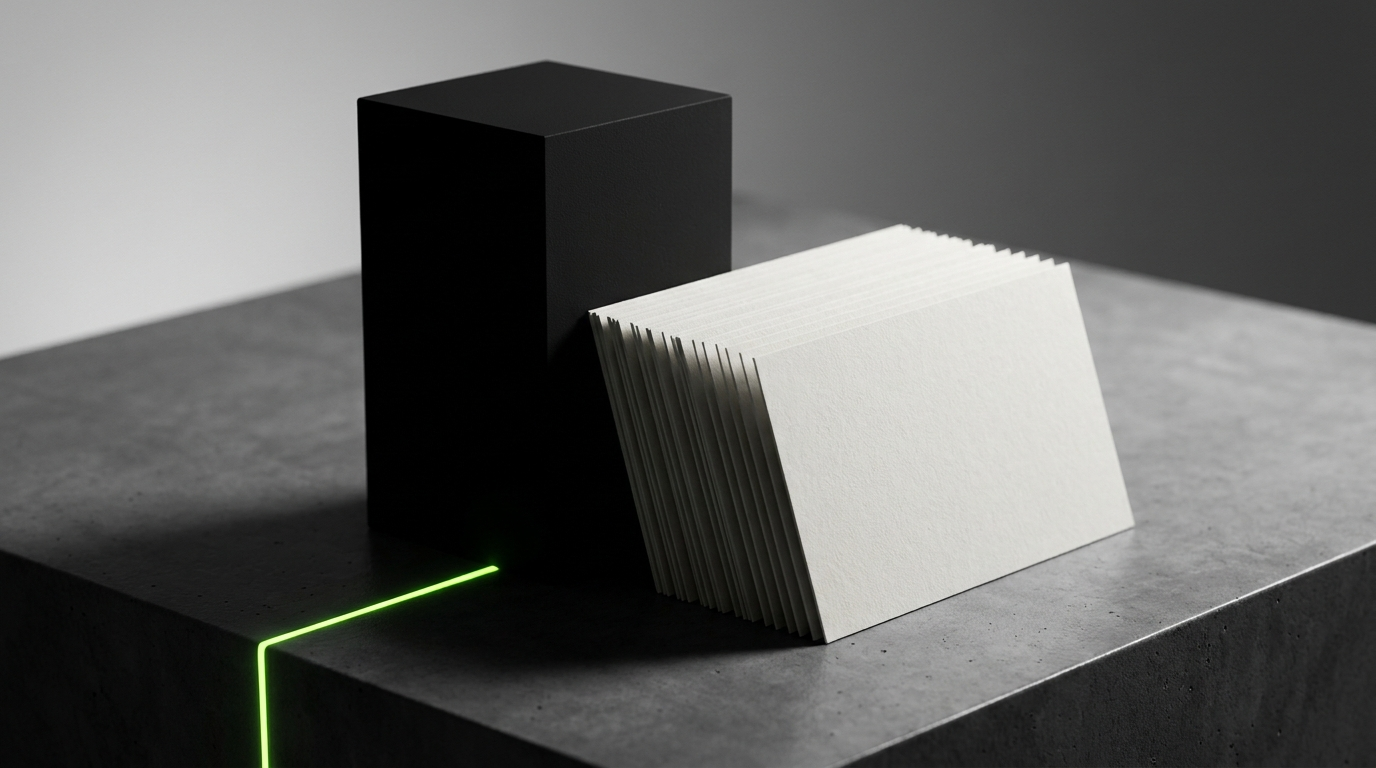 A considered, minimal studio desk with brand sketches in warm light