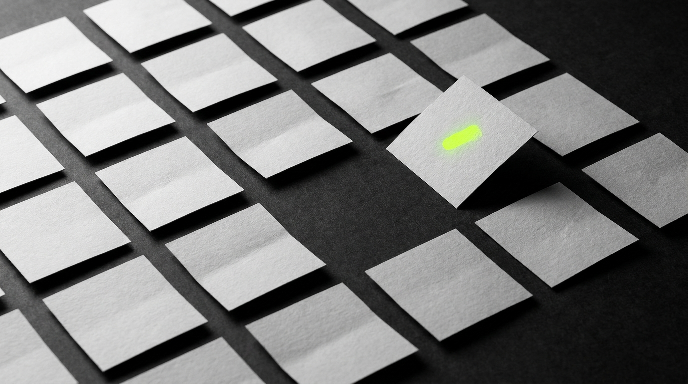 A designer's hands reviewing printed options on a desk, choosing between them, considered and deliberate