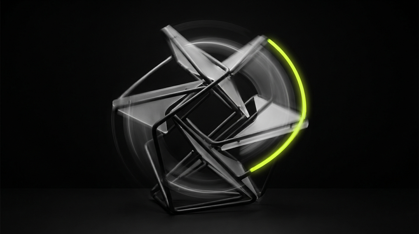 A screen mid-animation showing a logo mark assembling, motion blur suggesting movement