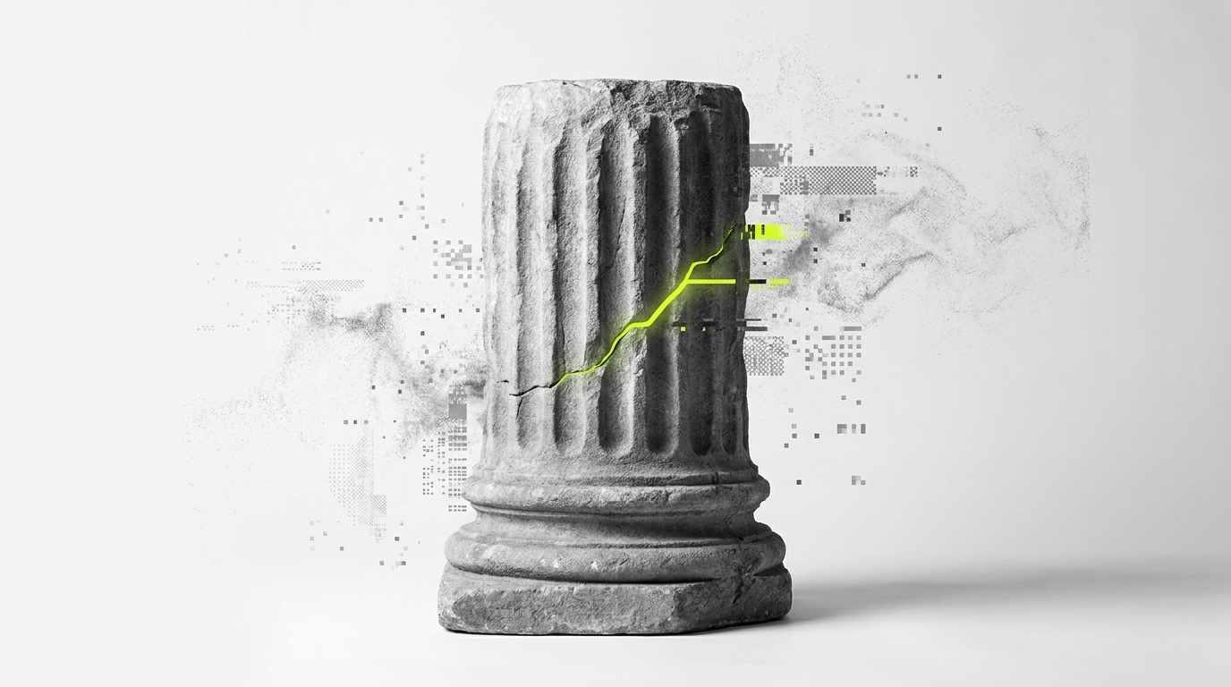 A solid carved stone monolith standing firm as digital noise dissolves around it - legacy over fleeting visibility