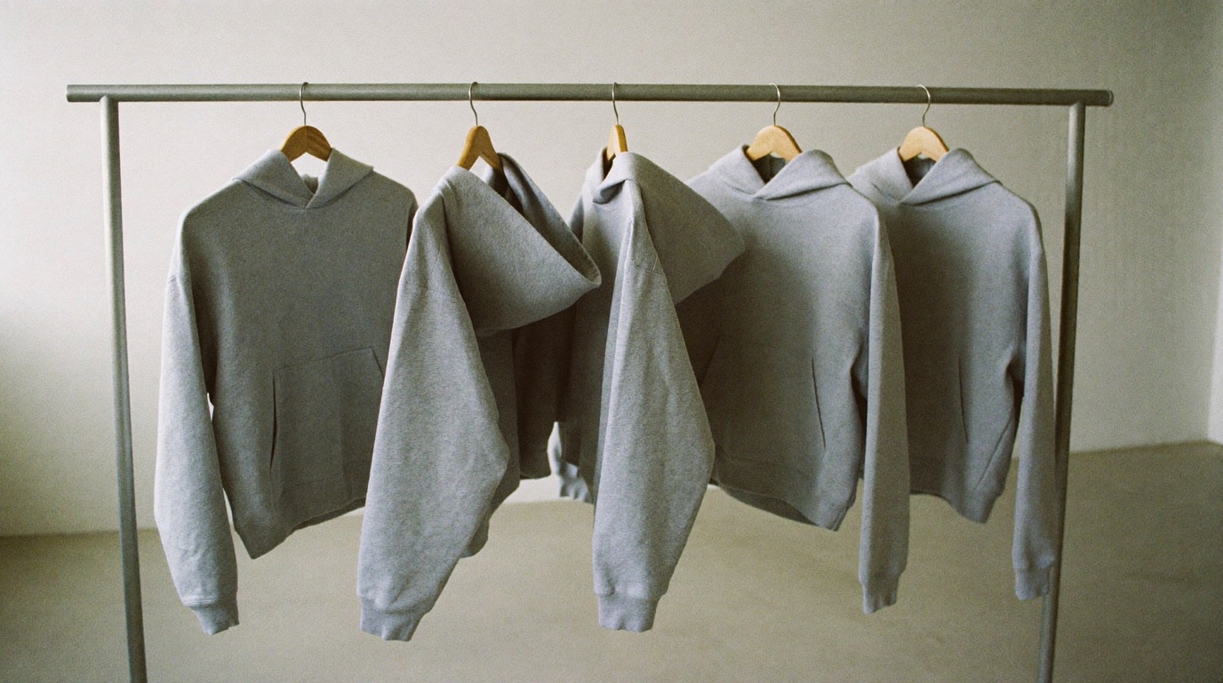 A clothing rail of identical plain grey hoodies on wooden hangers in a minimal studio