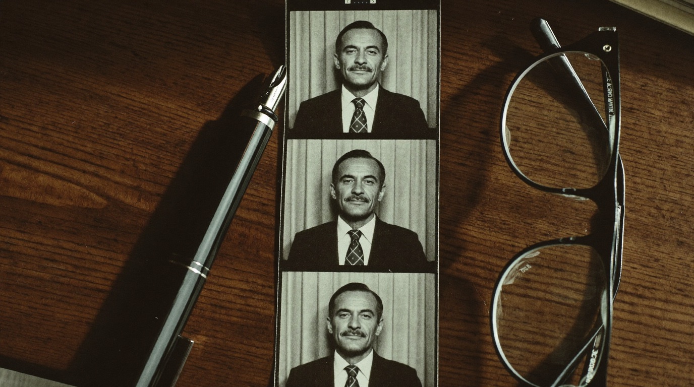 A black and white photo booth strip on a desk showing the same person with the same expression in every frame