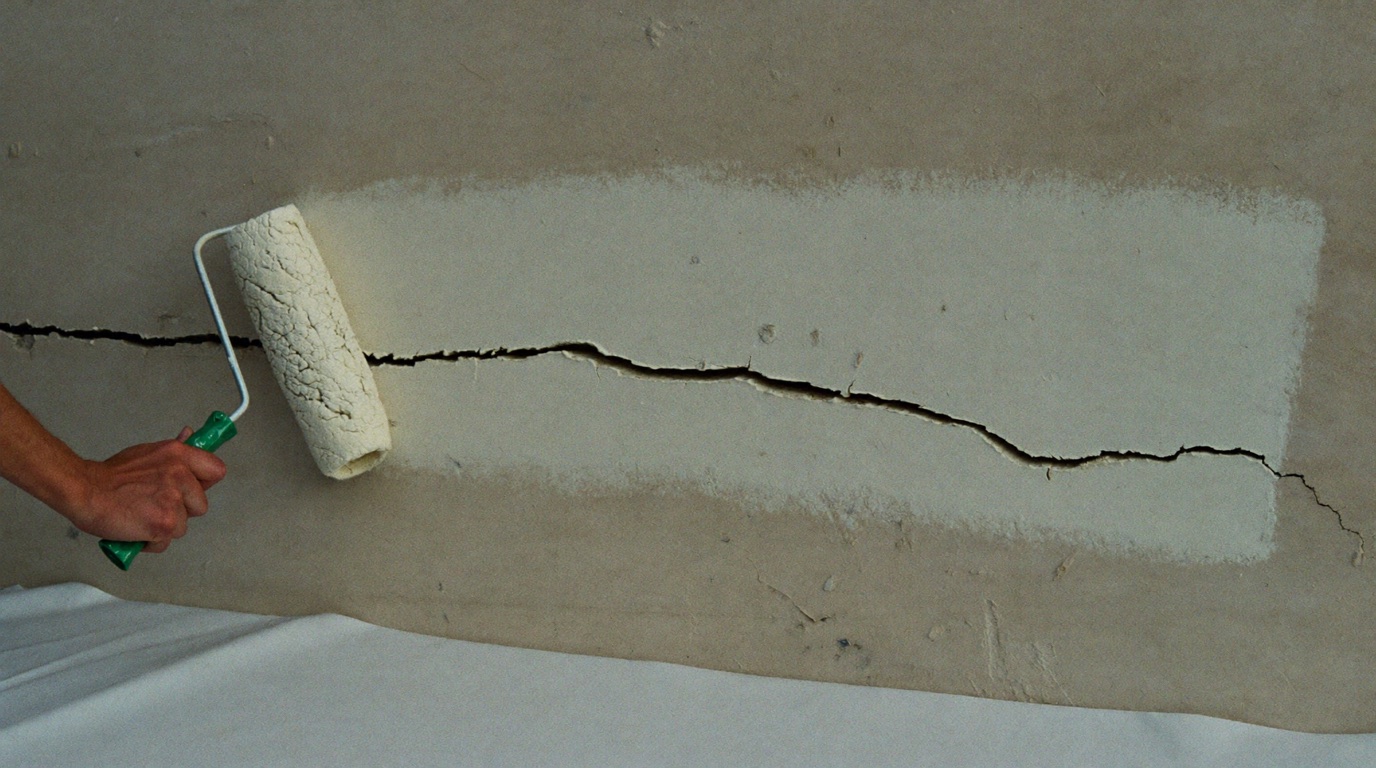 A paint roller applying fresh paint over an old plaster wall with a visible crack showing through