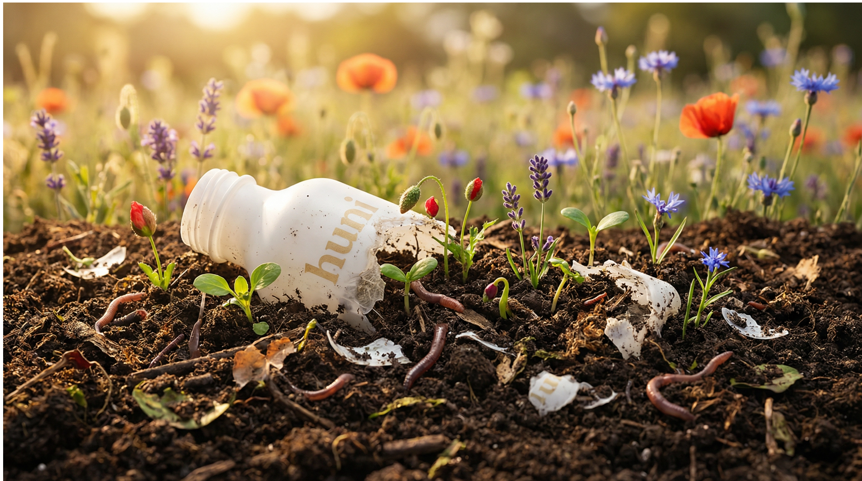 Huni compostable bottle decomposing — showing the full lifecycle of regenerative packaging