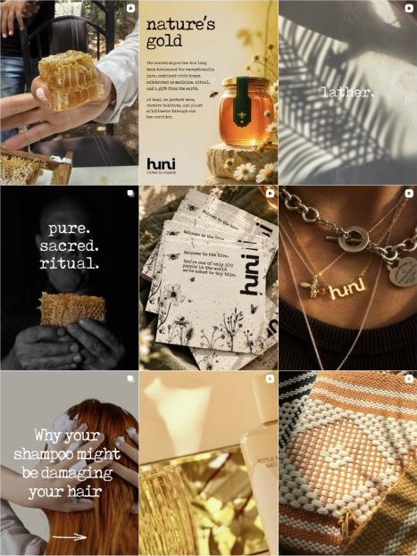 Huni’s public Instagram grid: honey, Mexican heritage, brand films and seeded packaging