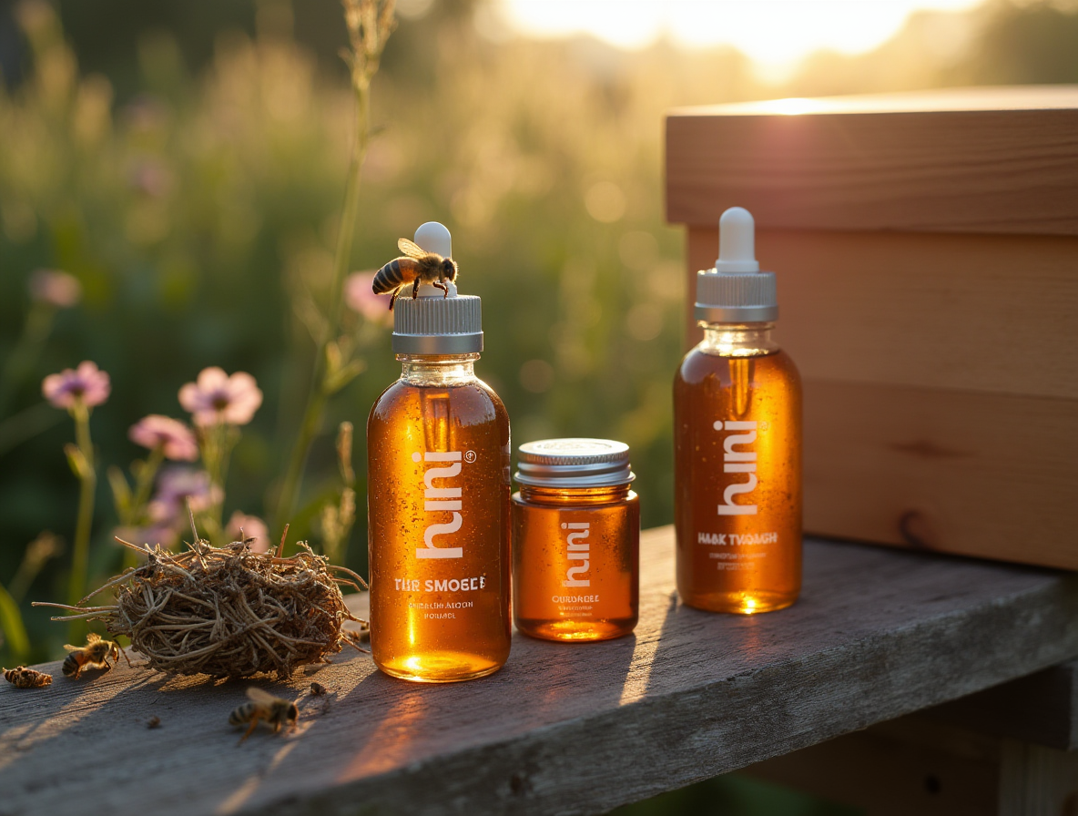 Huni products in their natural context — beside a beehive in golden sunset light, reflecting the brand's connection to Mayan beekeeping heritage