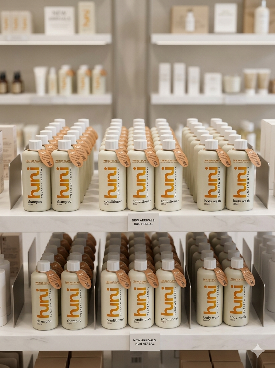Huni products displayed on retail shelves alongside premium beauty brands