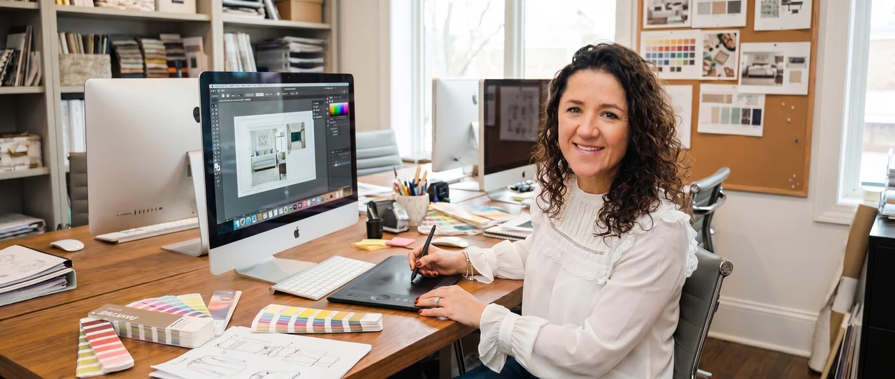 Polly Sheldon, Brand Creative Director, at work at her desk